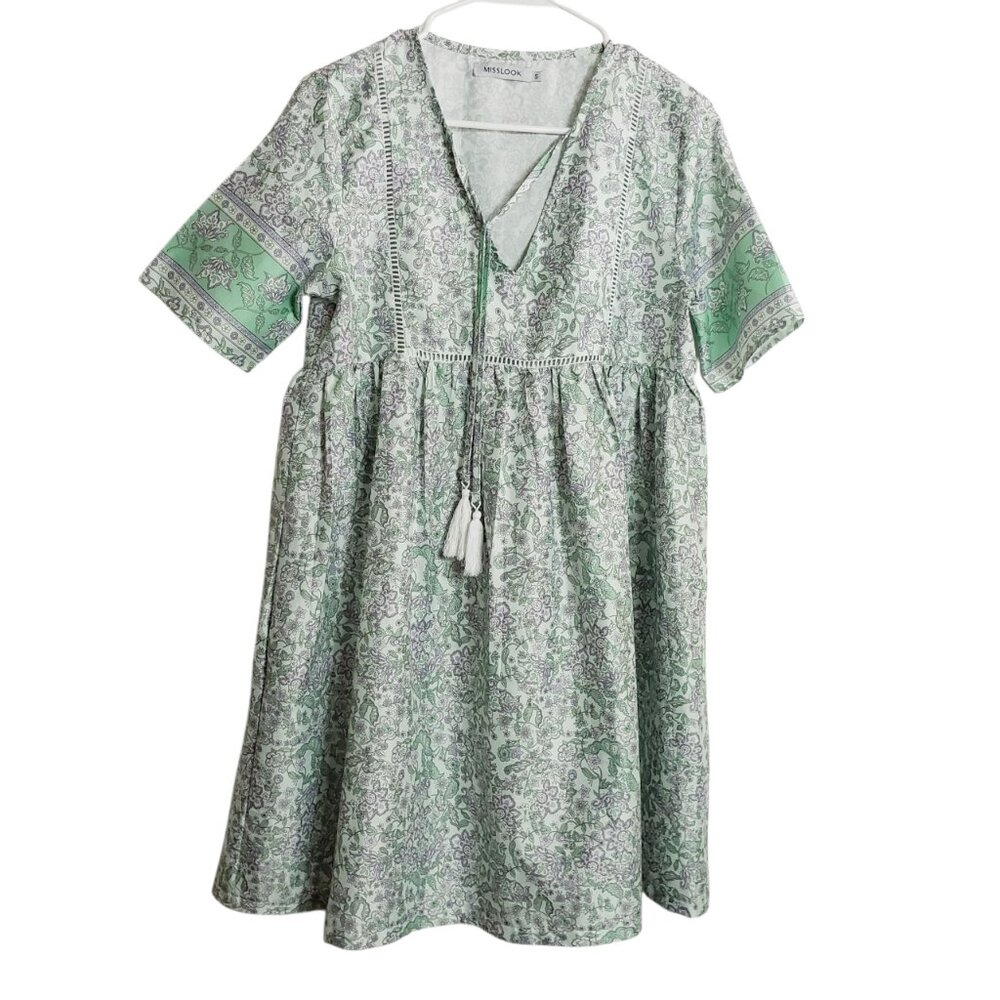 Misslook Dress S Green White Floral Lightweight Cottagecore Peasant Prairie